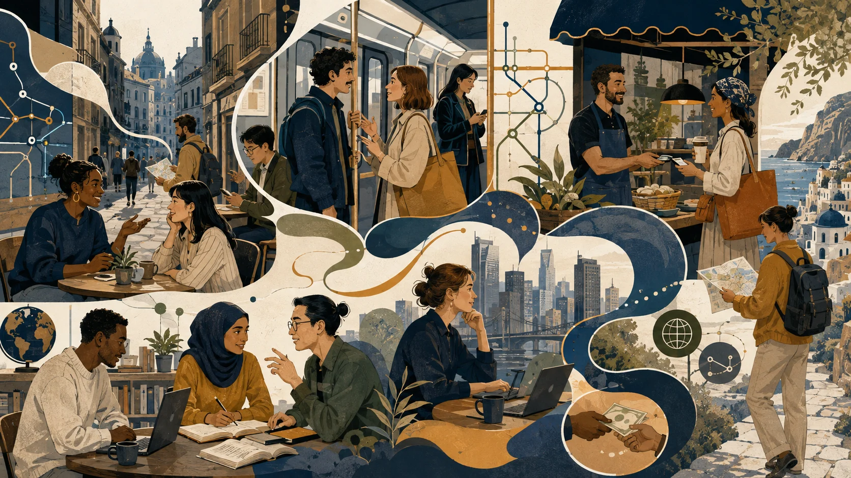 International city scenes connected through language and everyday exchange