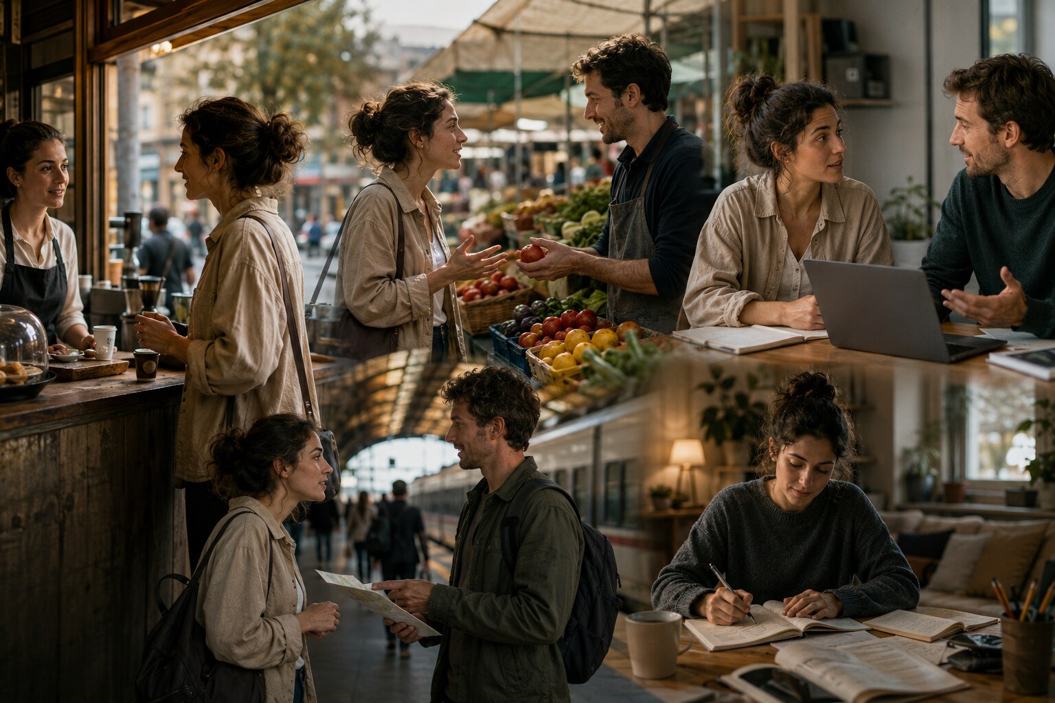 People using language naturally in everyday travel, work, and neighborhood situations
